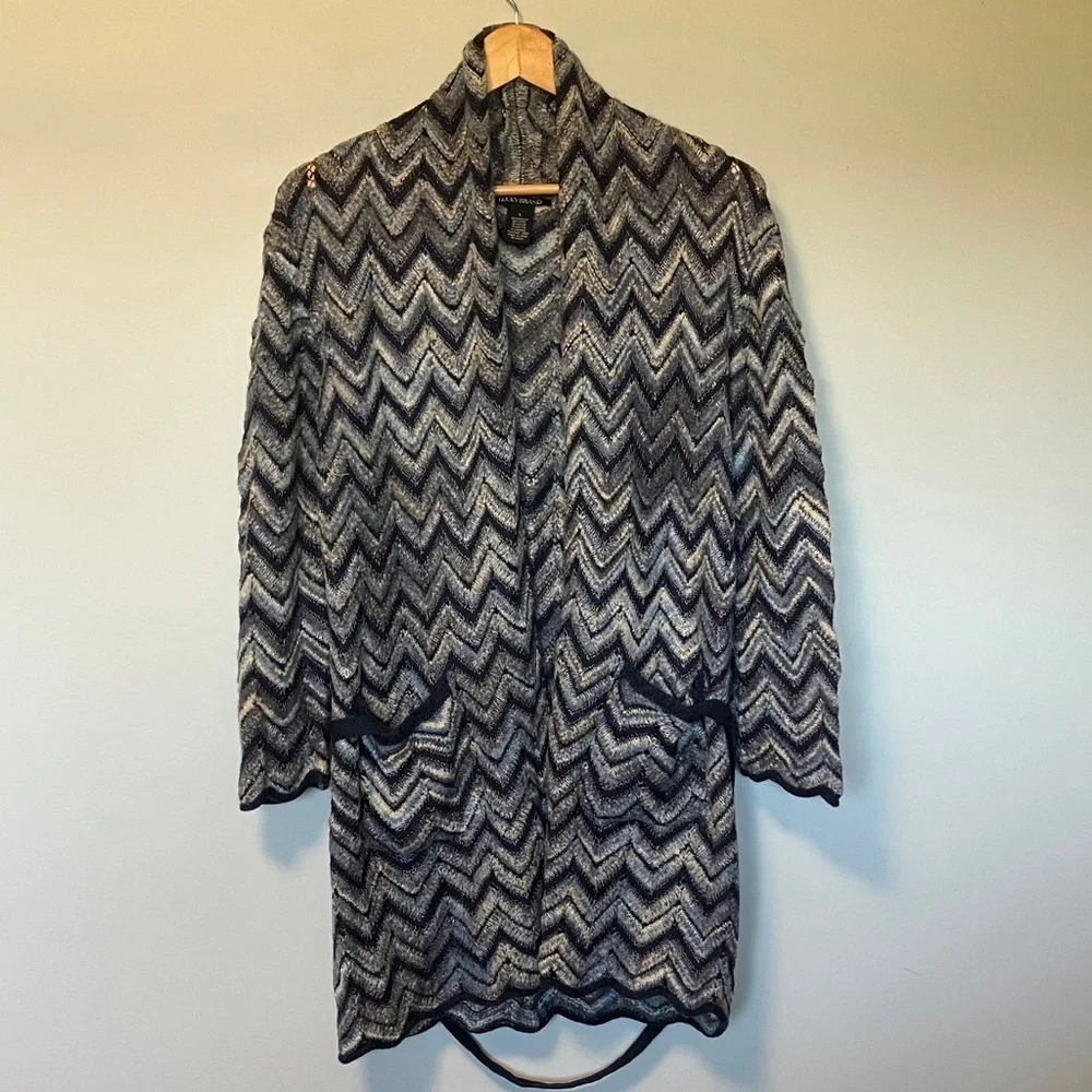Lucky Brand Chevron Patterned Blue Wool Mohair Blend Cardigan with Belt - Picture 2 of 6